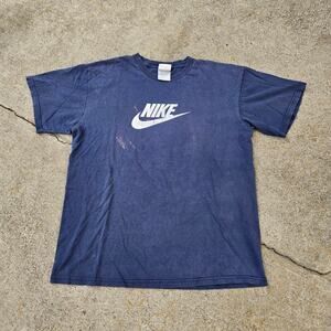 Vtg Y2k NIKE Swoosh Spellout Graphic Distressed Athletic Tee Shirt Navy Lg